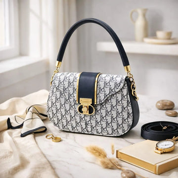 Women's White Leather Shoulder Bag with Gold Plated Handle
